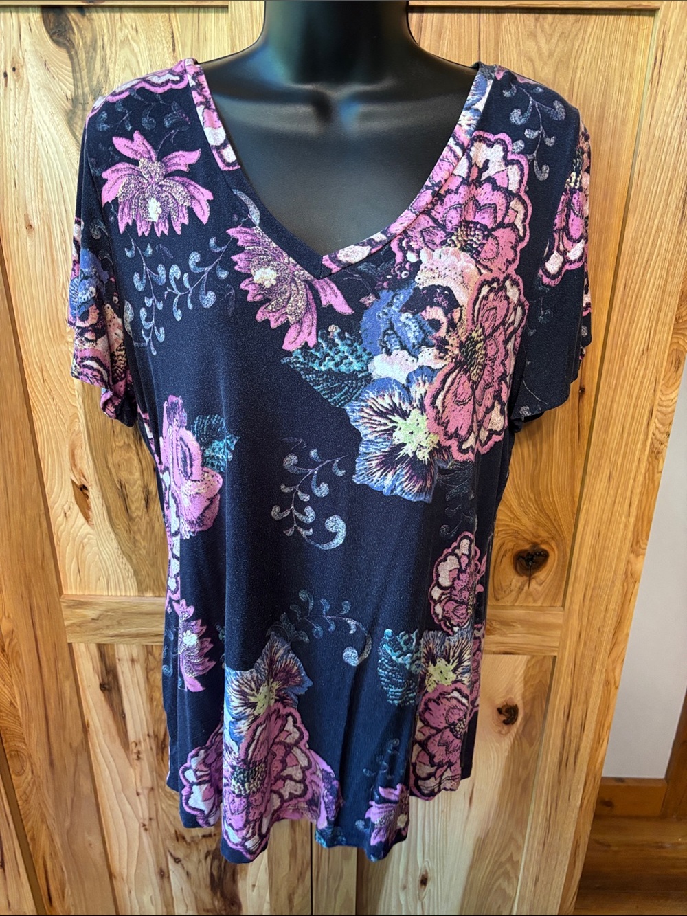 Tribal Navy Floral V-Neck Tunic with Pink and Purple Blooms